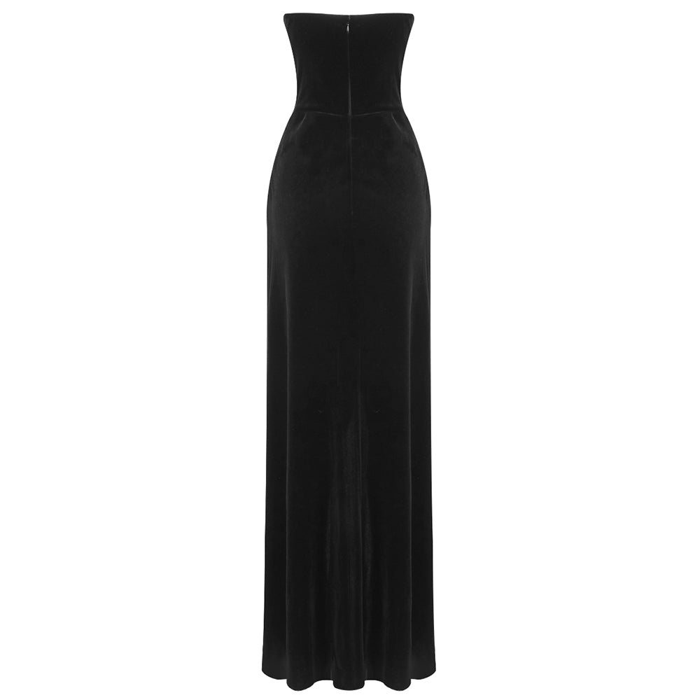 Strapless Crystal Floral Corset Maxi Velvet Dress Black HV1974