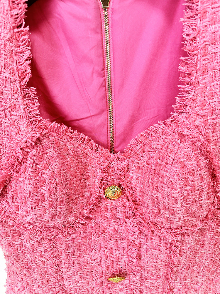 Short Sleeve Bustier Pocket Dress Hot Pink HV1575
