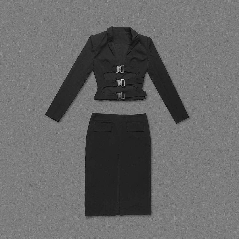 Long Sleeve Buckle Detail Midi Coat Dress Black HV9939