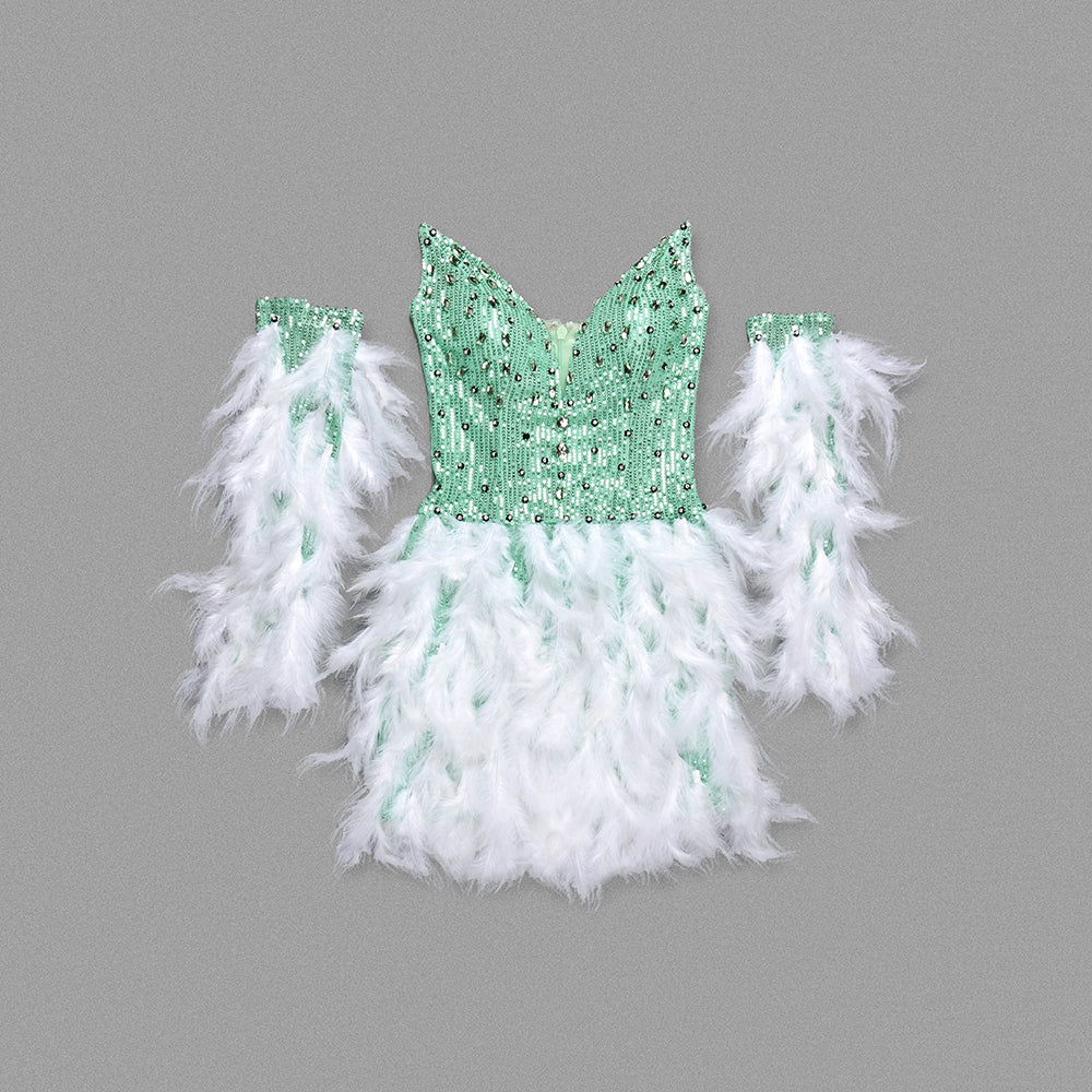 Long Sleeve Feather Sequin Dress Green White HV1222