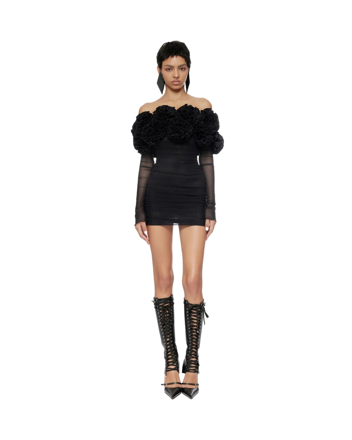 Long Sleeve Floral Bardot Dress Black HV1592
