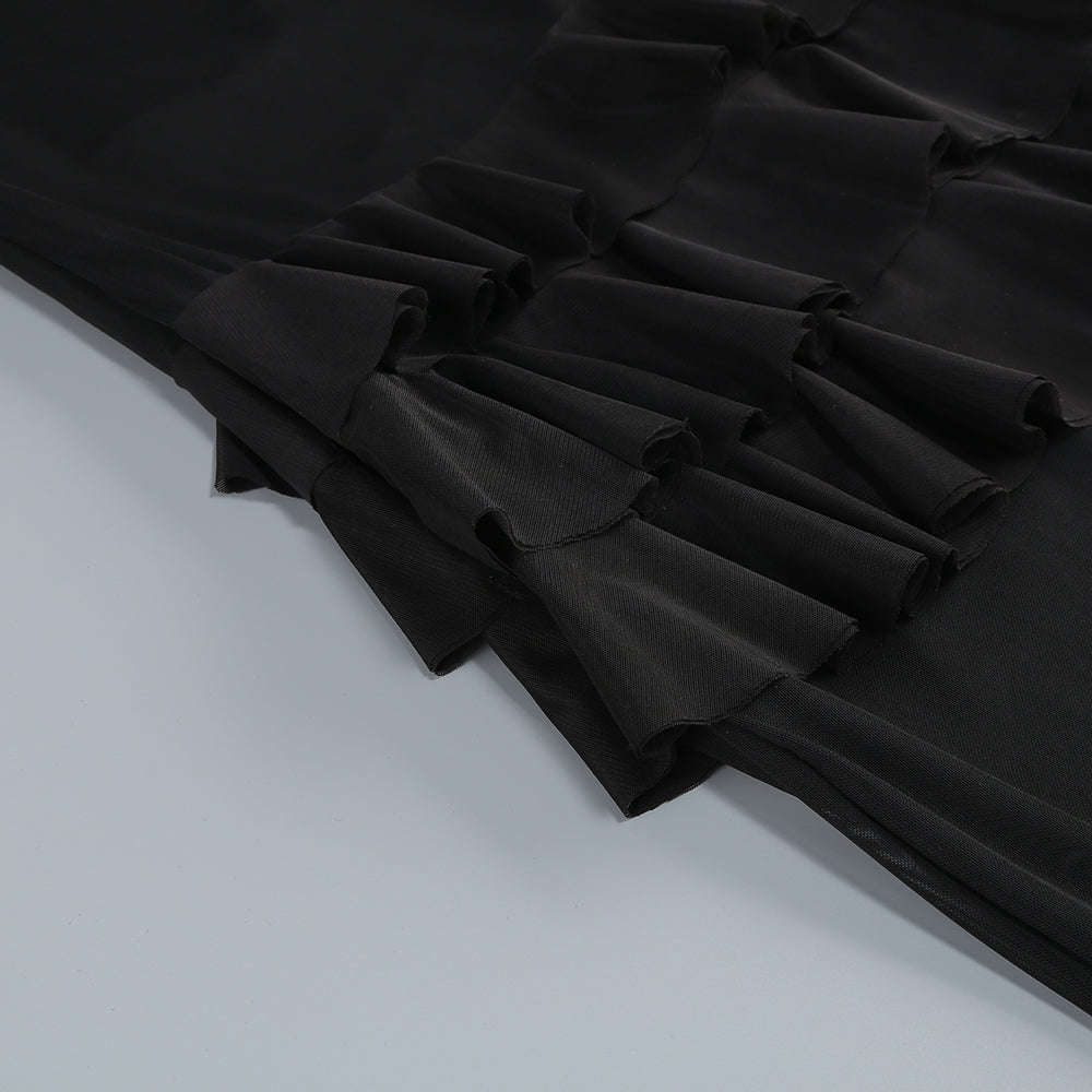Strapless Ruffle Mesh Maxi Dress Black S025