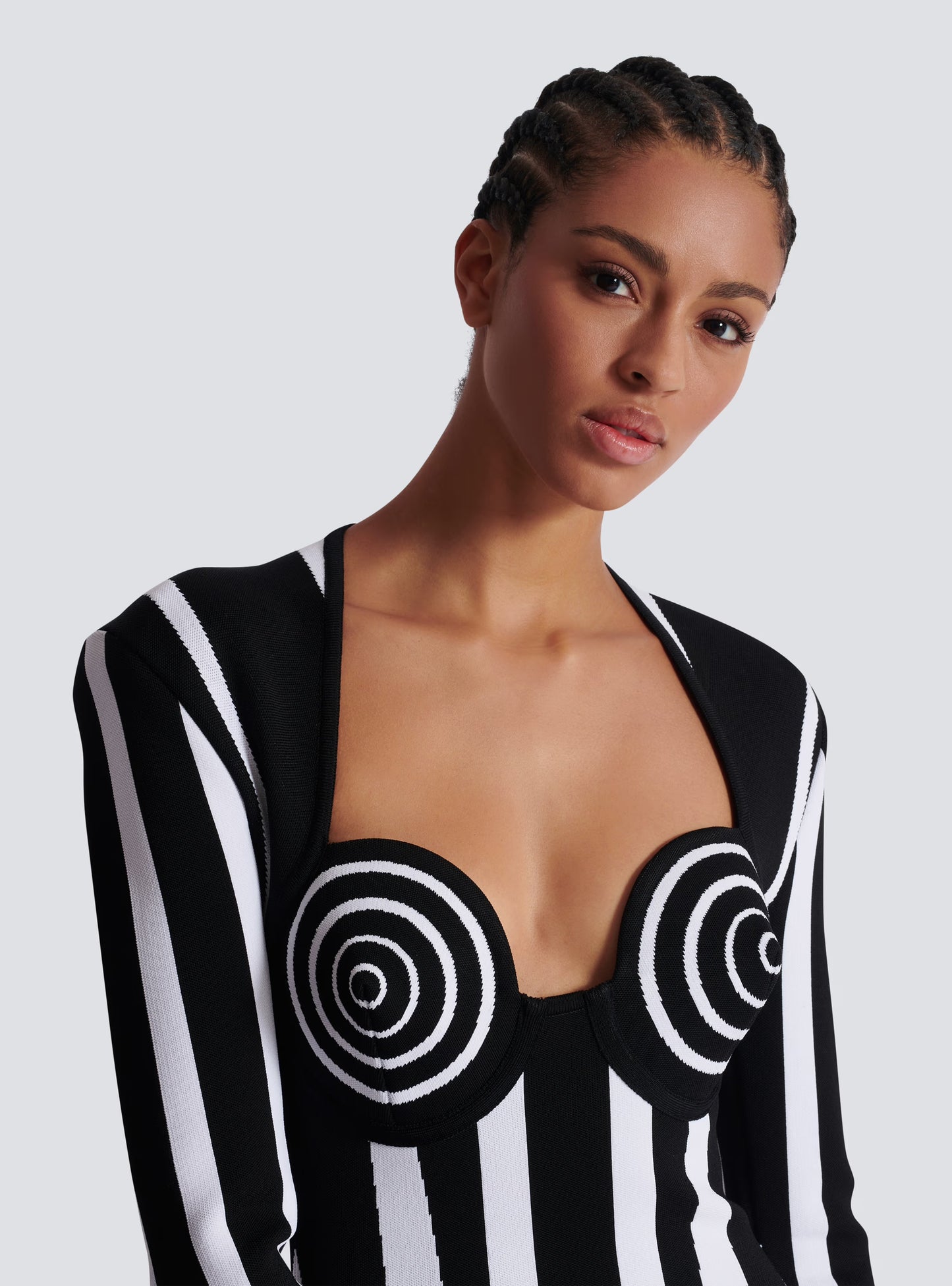 Long Sleeve Bustier Striped Dress Black White HV1805