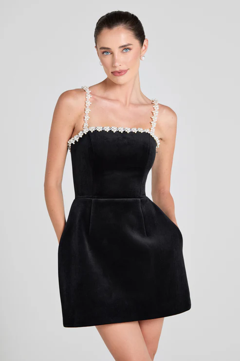 Pearl Detail A Line Dress Black