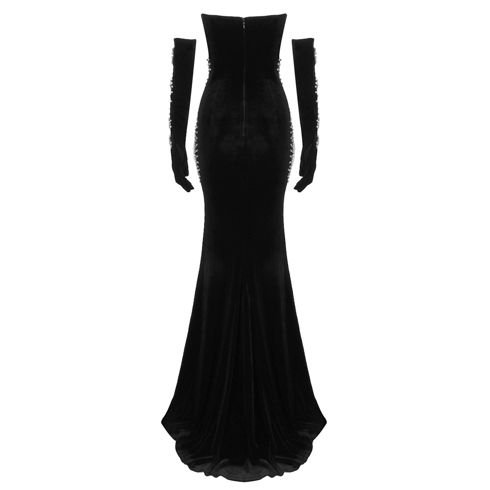 Strapless Crystal Mesh Maxi Velvet Dress Black HV1496