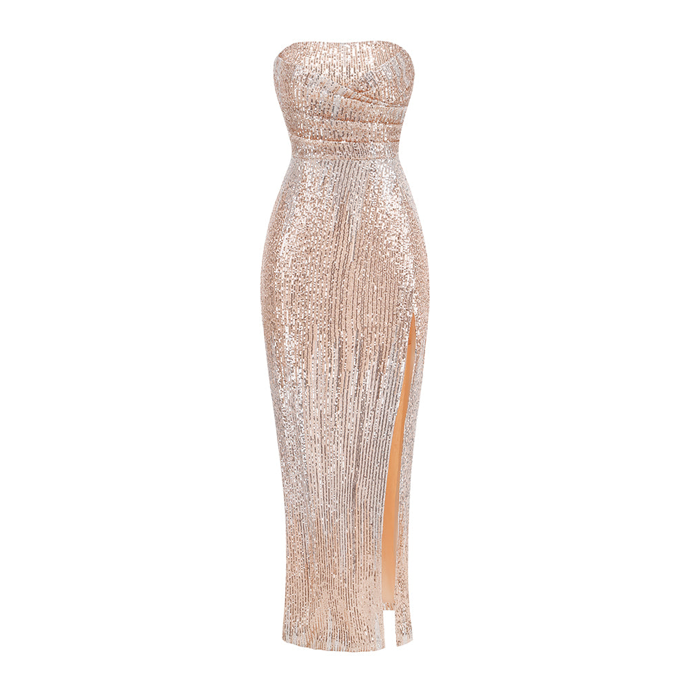 Strapless Sequin Maxi Dress Gold Silver