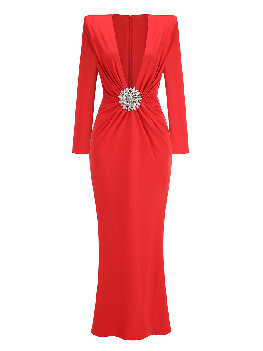 Long Sleeve Draped Embellished Maxi Dress Black HV1178