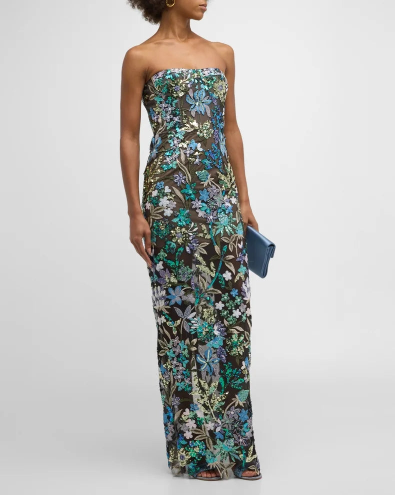 Strapless Sequin Floral Lace Maxi Dress Green HV1152