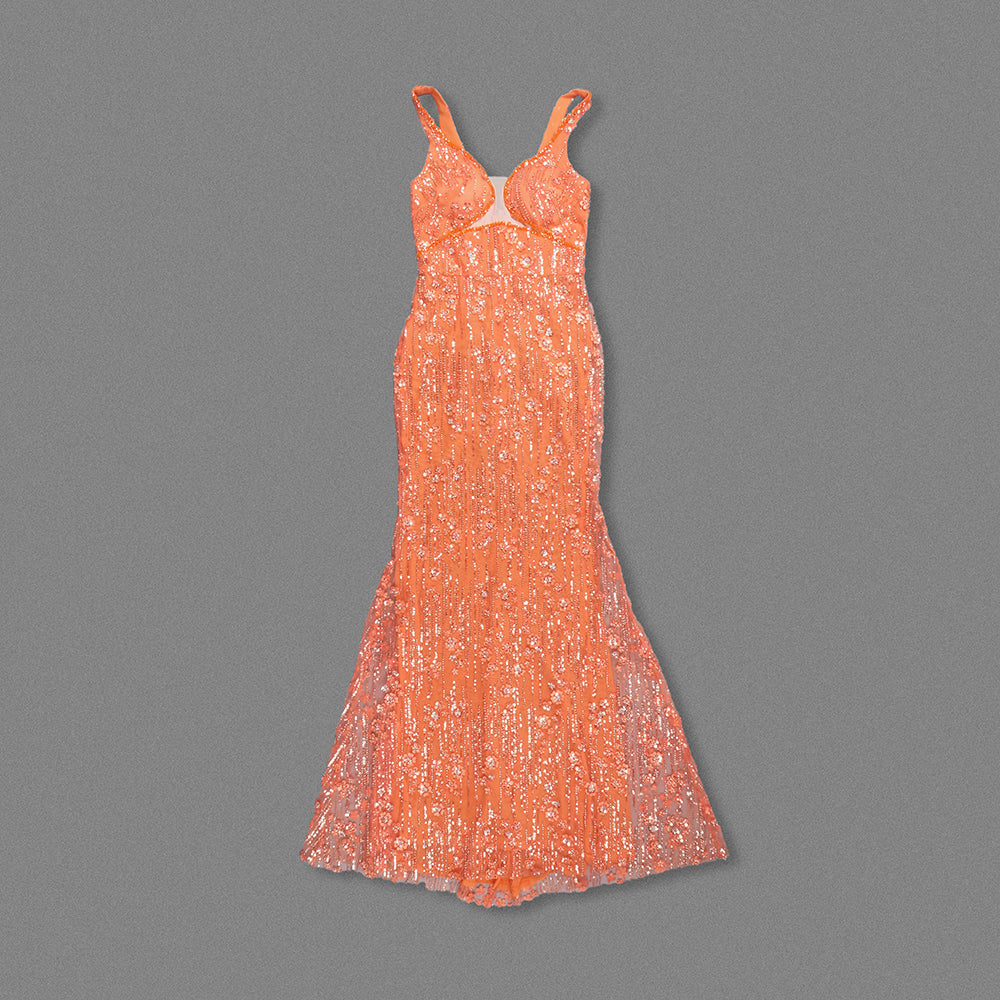 Floral Sequin Mesh Maxi Dress Orange HV2132
