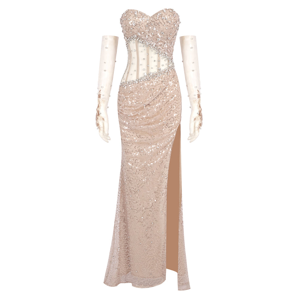 Strapless Crystal Sequin Corset Maxi Dress Nude HV1916