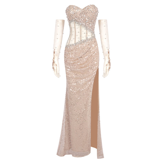 Strapless Crystal Sequin Corset Maxi Dress Nude HV1916