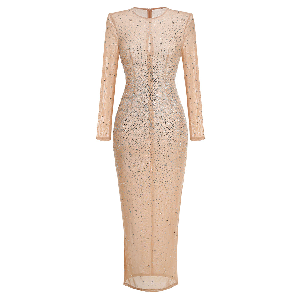Long Sleeve Crystal Mesh Maxi Dress Nude HV2085
