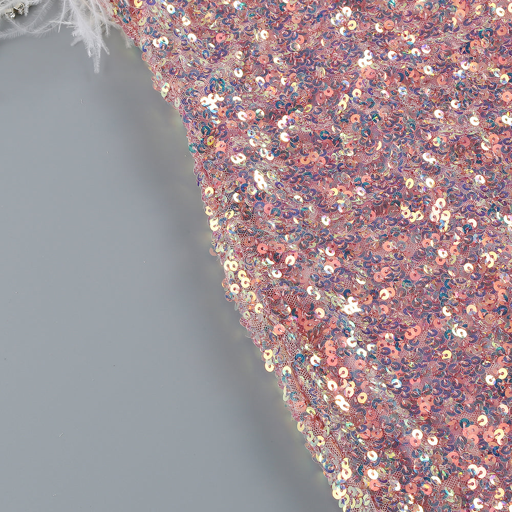 Feather Detail Sequin Midi Dress Pink White