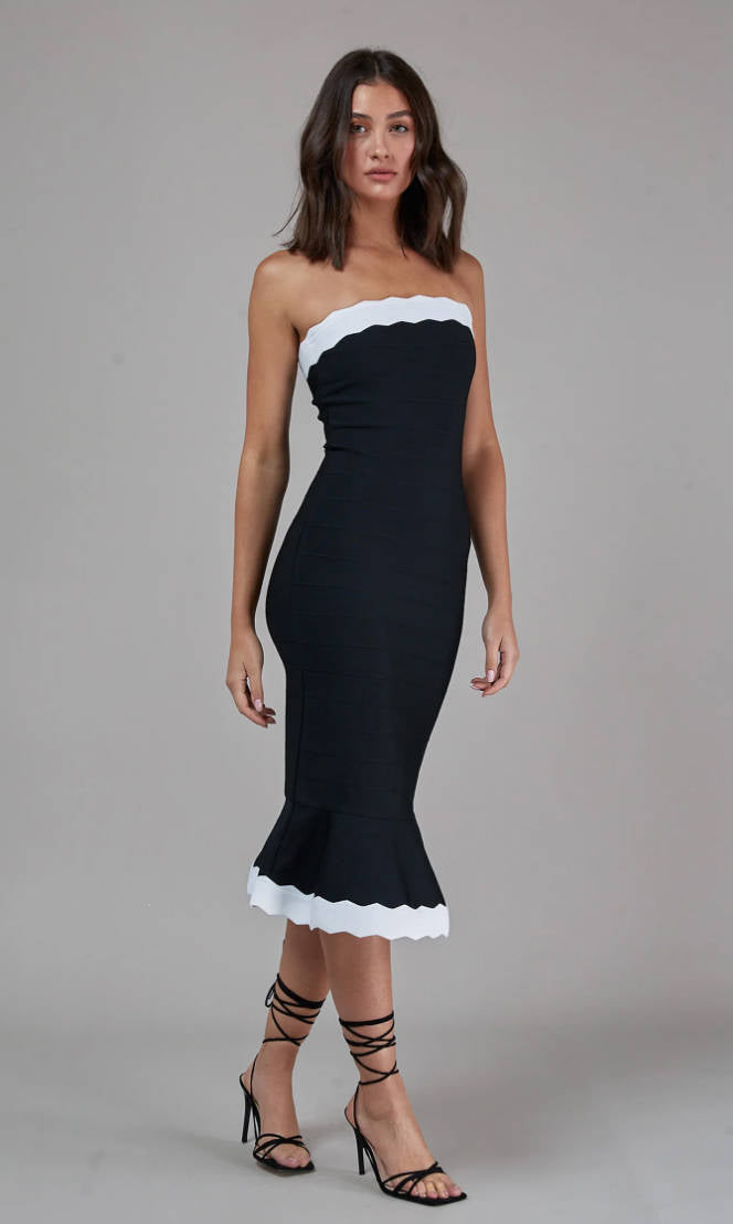 Strapless Scalloped Fluted Midi Dress Black White HV1334