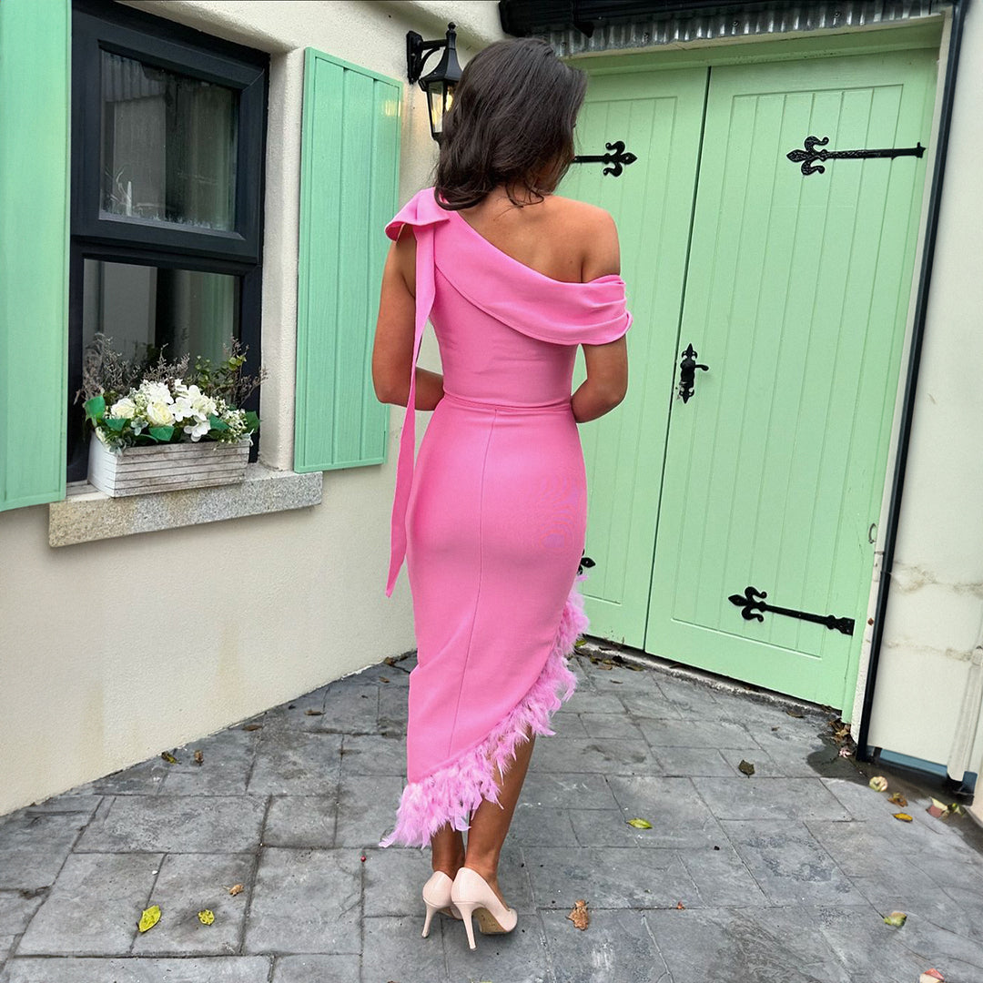 One Shoulder Feather Midi Dress Pink HV1563