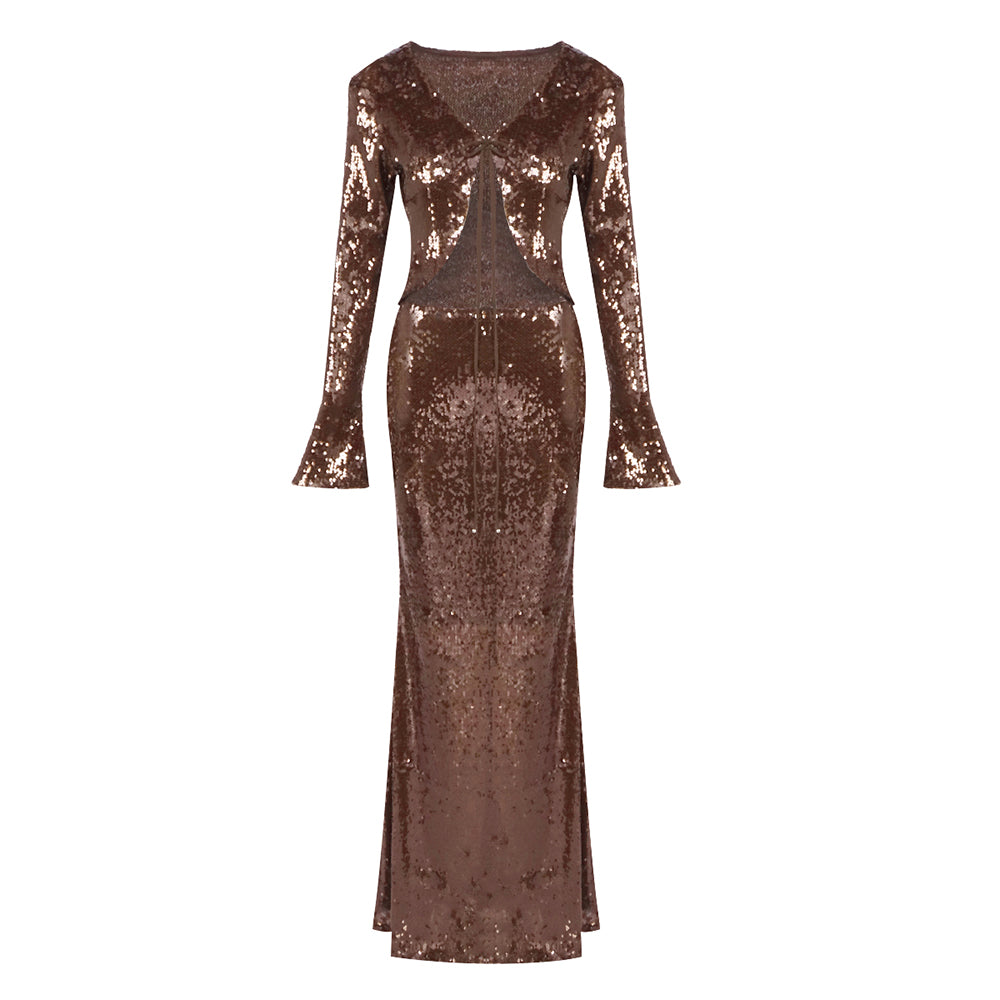 Long Sleeve Sequin Two Piece Maxi Dress HV2163