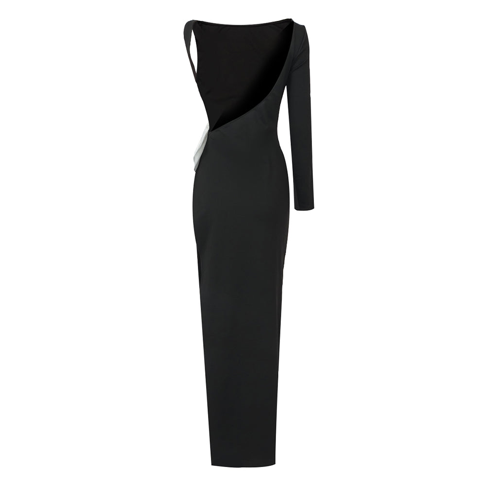One Sleeve Bow Backless Maxi Dress Black HV9812