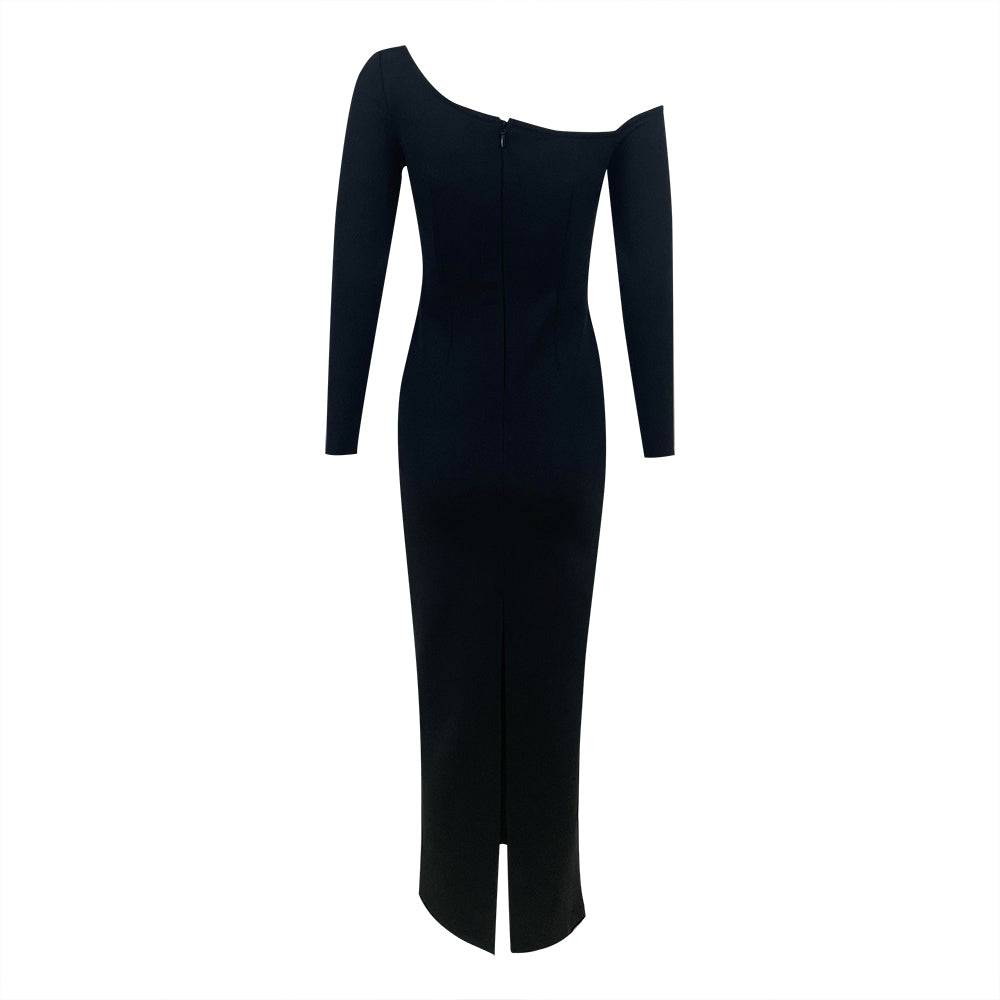 Long Sleeve Rose Detail Maxi Dress Black Red HV1031