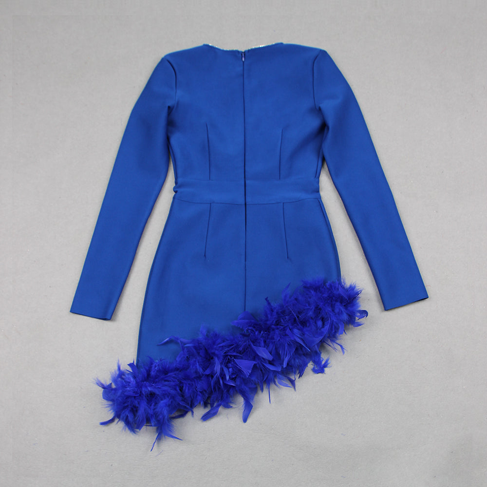 Long Sleeve Rhinestone Feather Dress HV9215