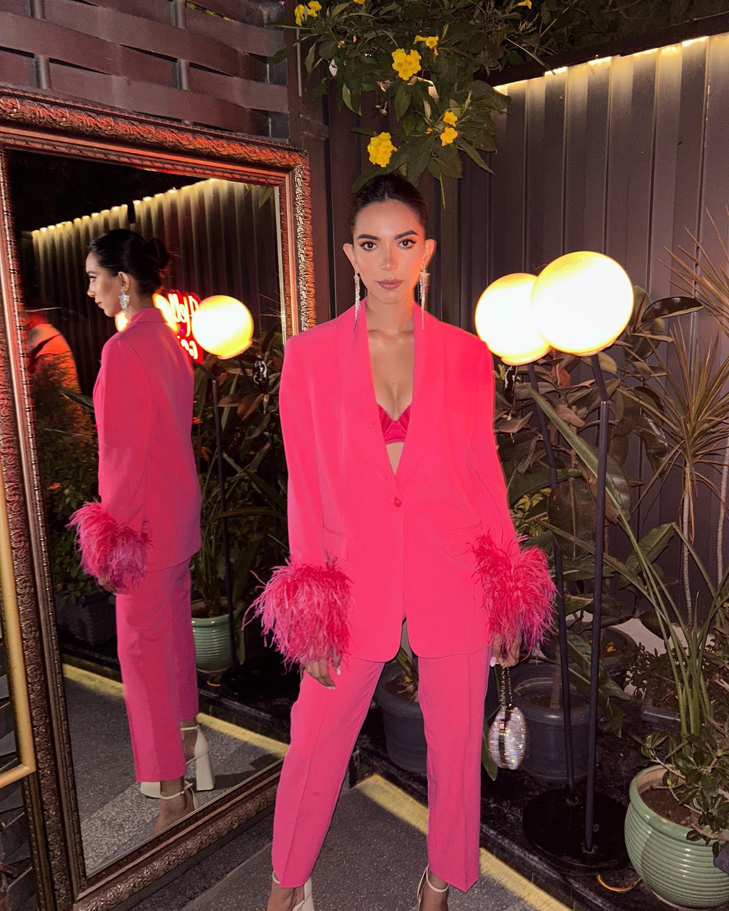 Long Sleeve Feather Detail Suit Hot Pink HV1267
