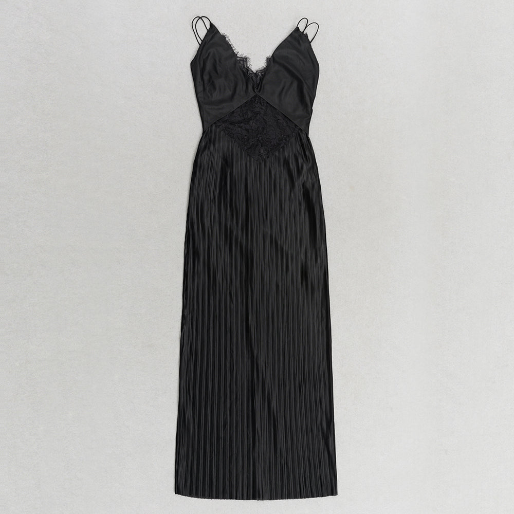 Lace Insert Pleated Maxi Dress Black HV9823
