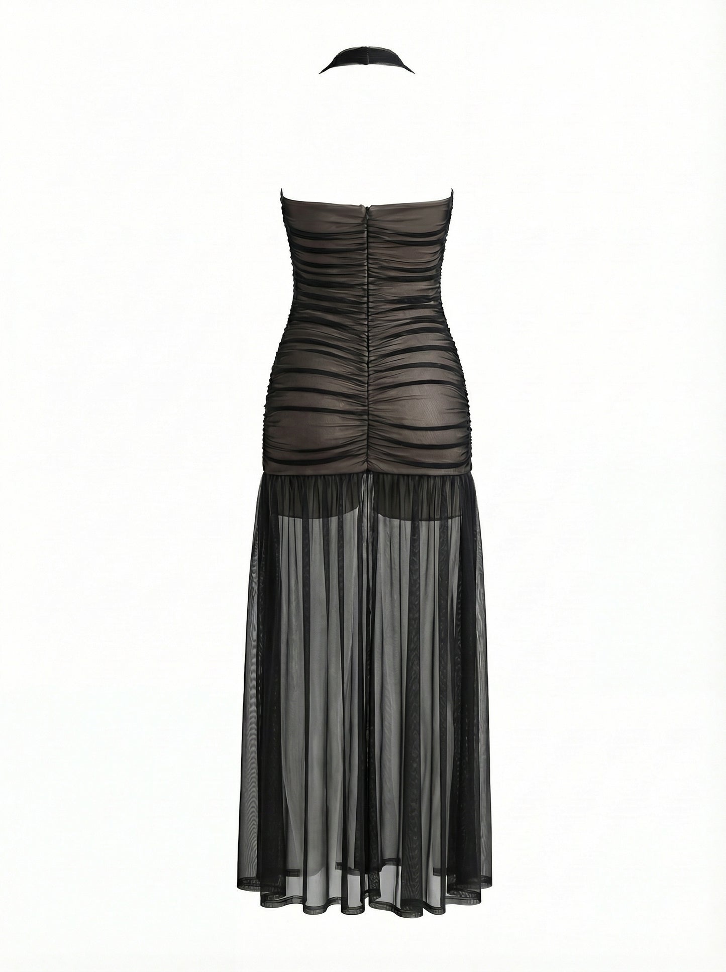 Halter Ruched Mesh Maxi Dress Black HV2753
