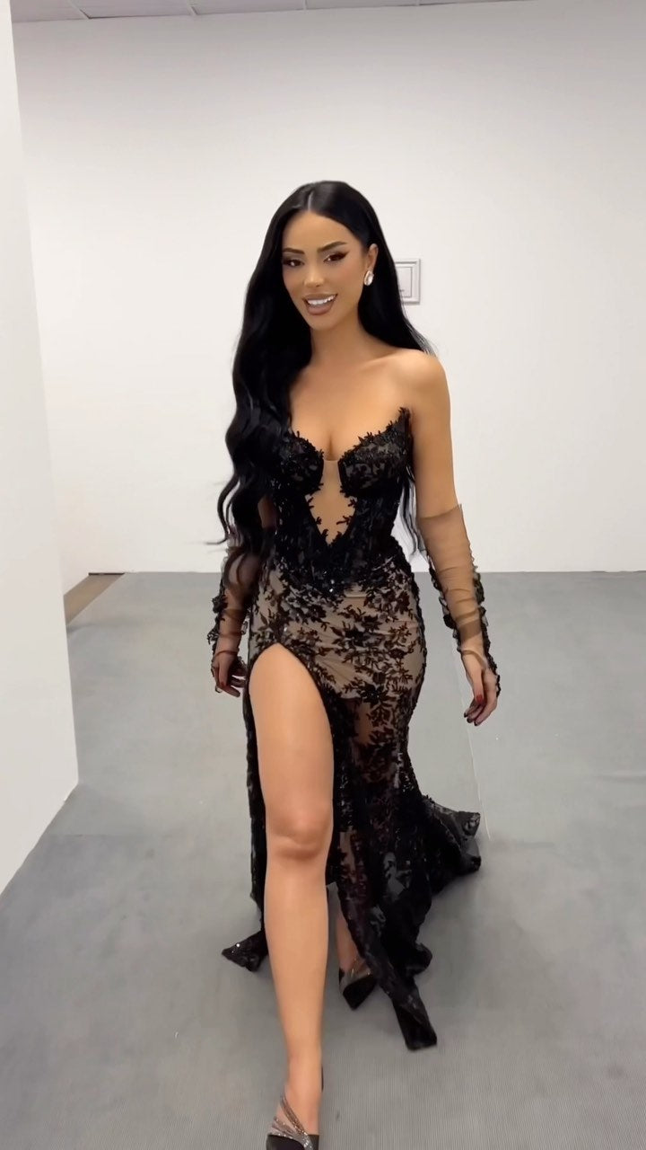 Strapless Sequin Lace Maxi Dress Black HV1630