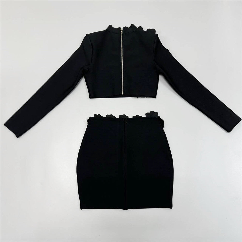 Long Sleeve Crystal Floral Detail Two Piece Dress HV2004