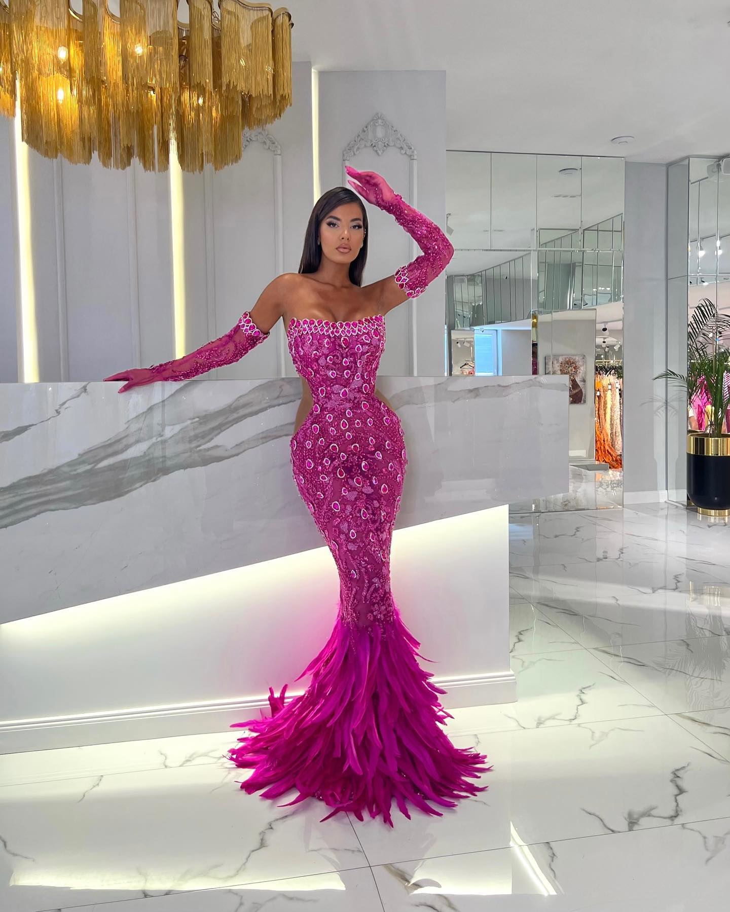 Strapless Sequin Feather Maxi Dress Hot Pink HV1553