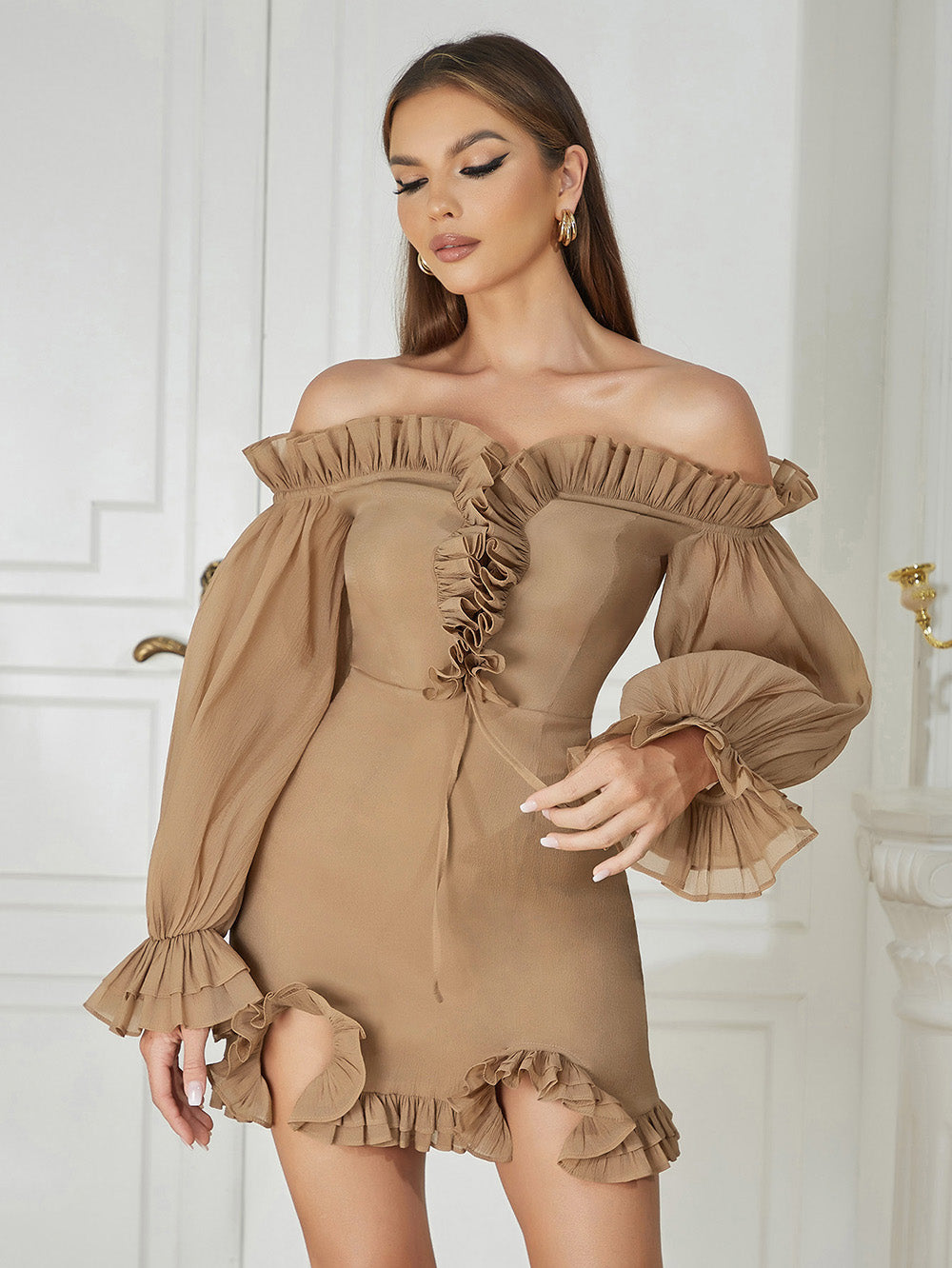 Puff Long Sleeve Off Shoulder Ruffle Dress Brown