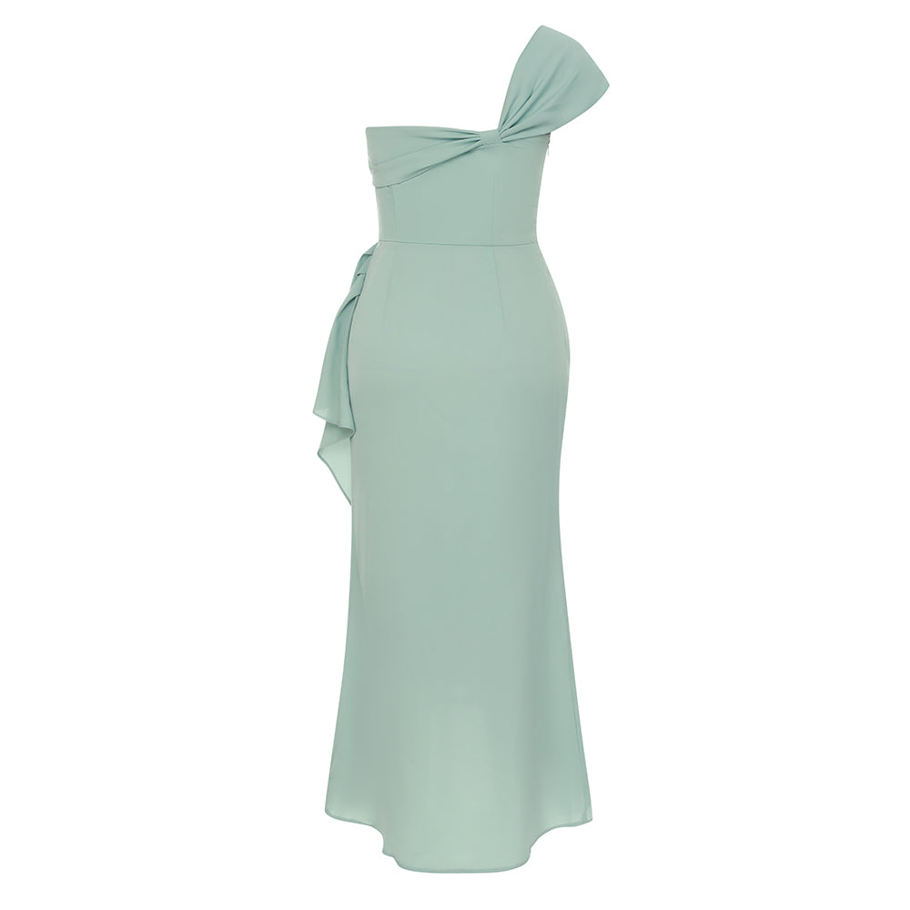 One Shoulder Draped Ruffle Maxi Dress Green HV9809