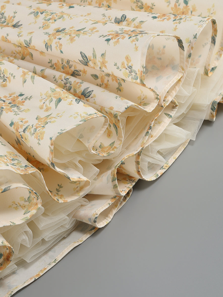 Short Sleeve Floral A Line Dress Yellow HV1205