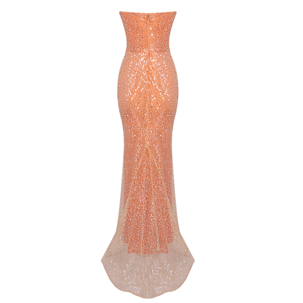 Strapless Crystal Sequin Maxi Dress Orange HV1756
