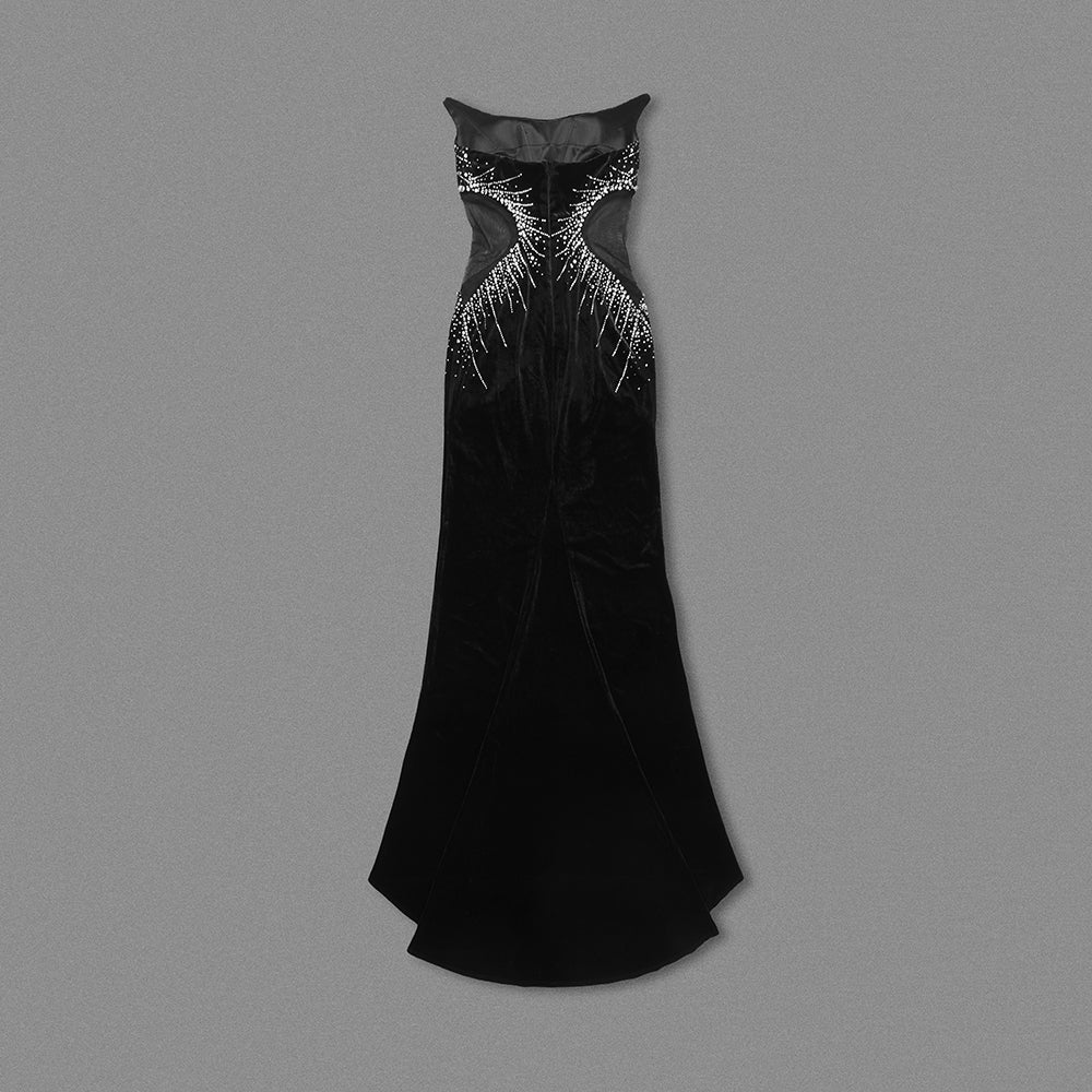 Strapless Crystal Mesh Maxi Dress Black HV1726