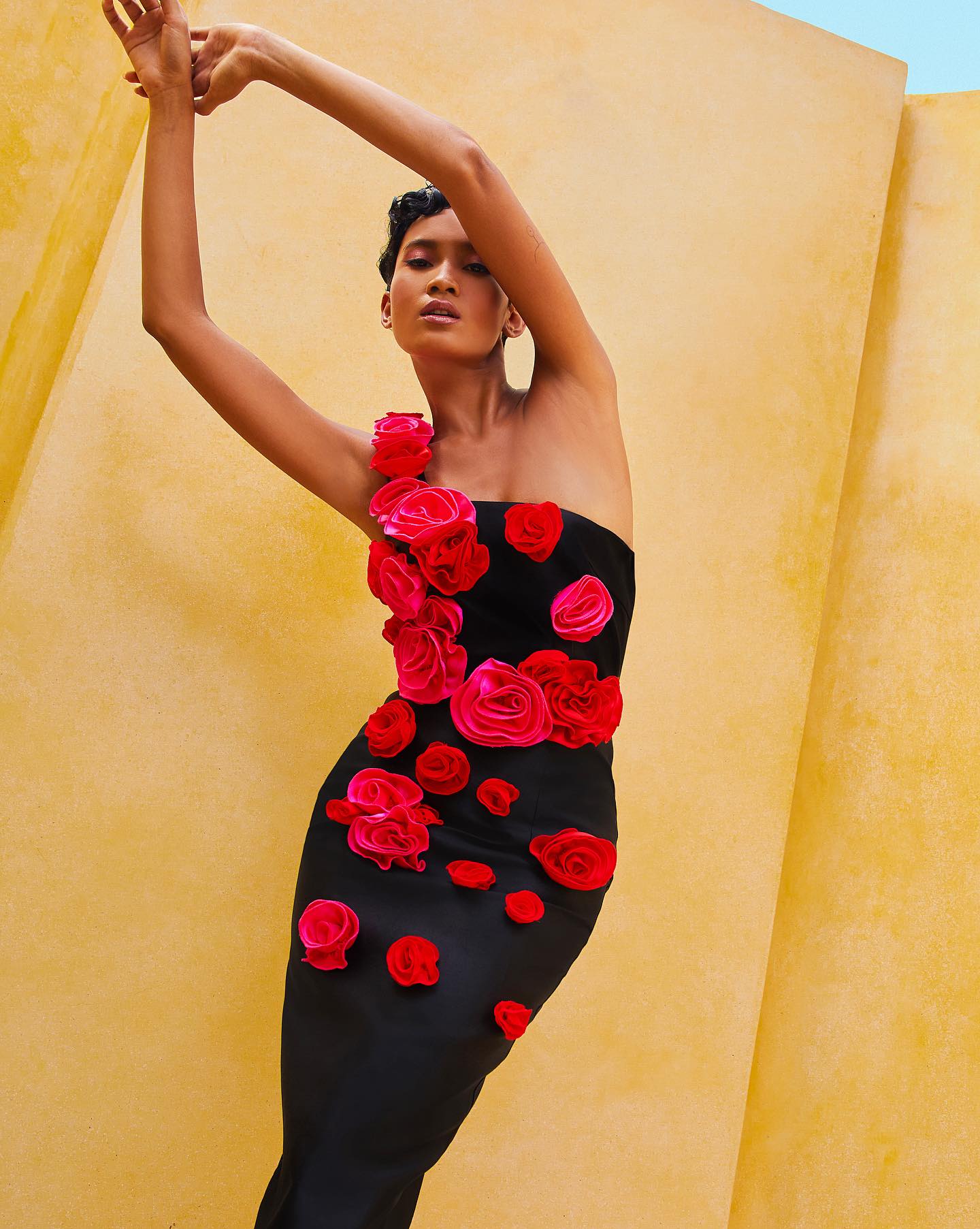 One Shoulder Rose Detail Midi Dress Black HV1094