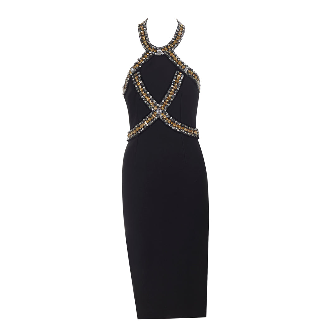 Halter Crystal Midi Dress Black BB085