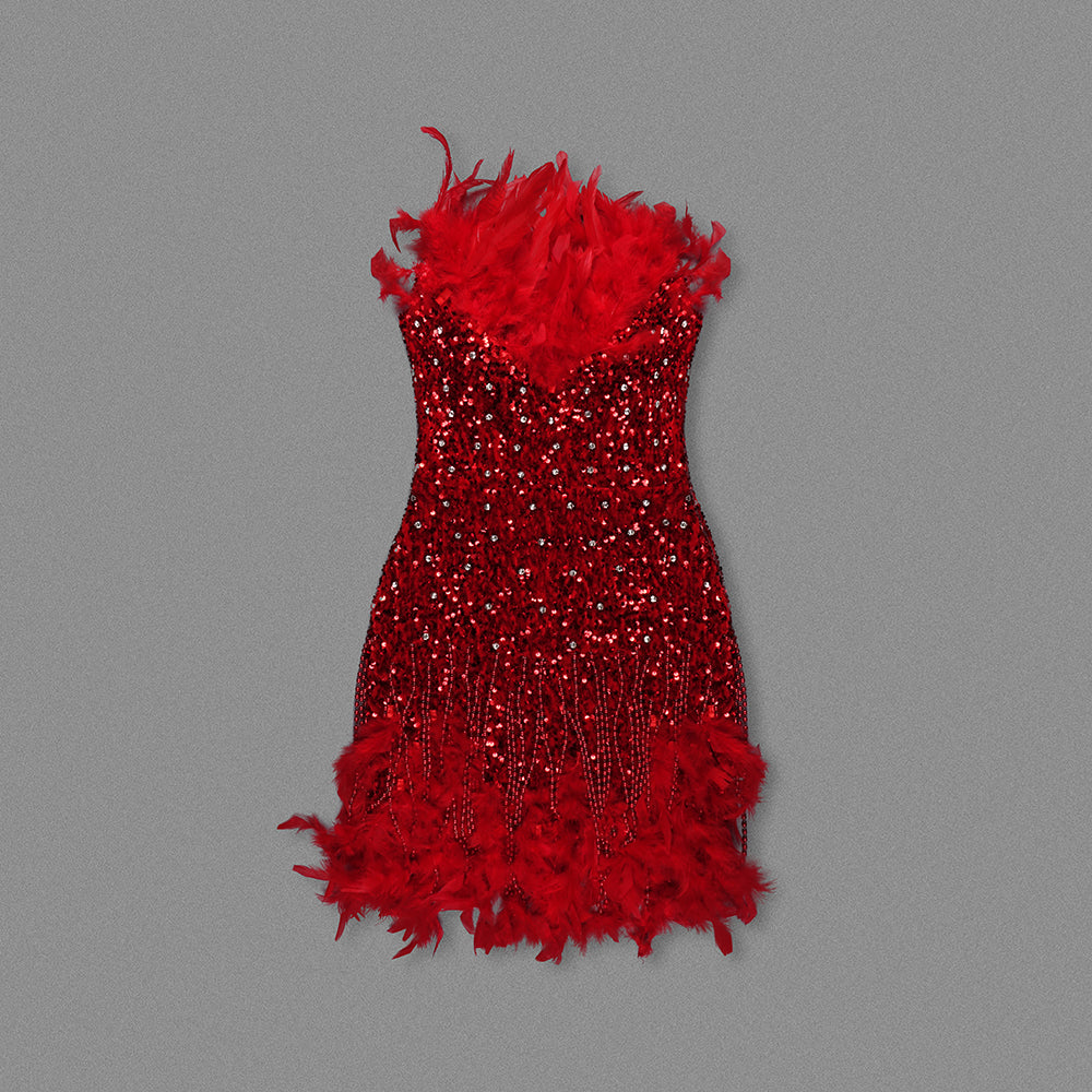 Strapless Feather Crystal Sequin Dress Red HV1296