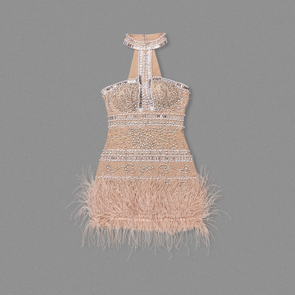 Halter Crystal Feather Dress Nude HV1798