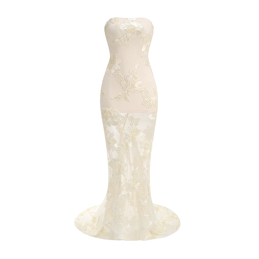 Strapless Floral Tail Maxi Dress Ivory HV1408