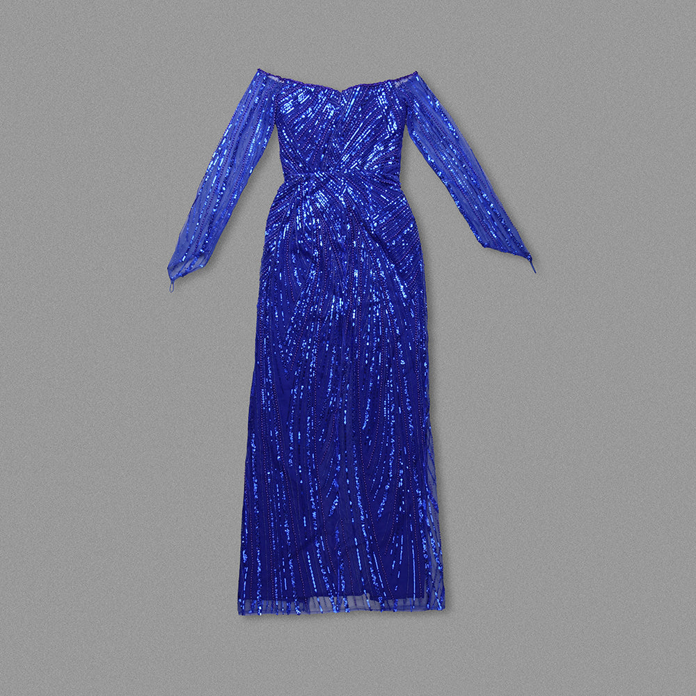 Long Sleeve Bardot Sequin Maxi Dress Blue HV1678