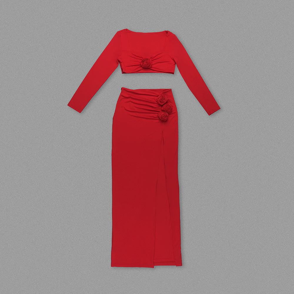 Long Sleeve Flower Detail Two Piece Maxi Dress HV1184