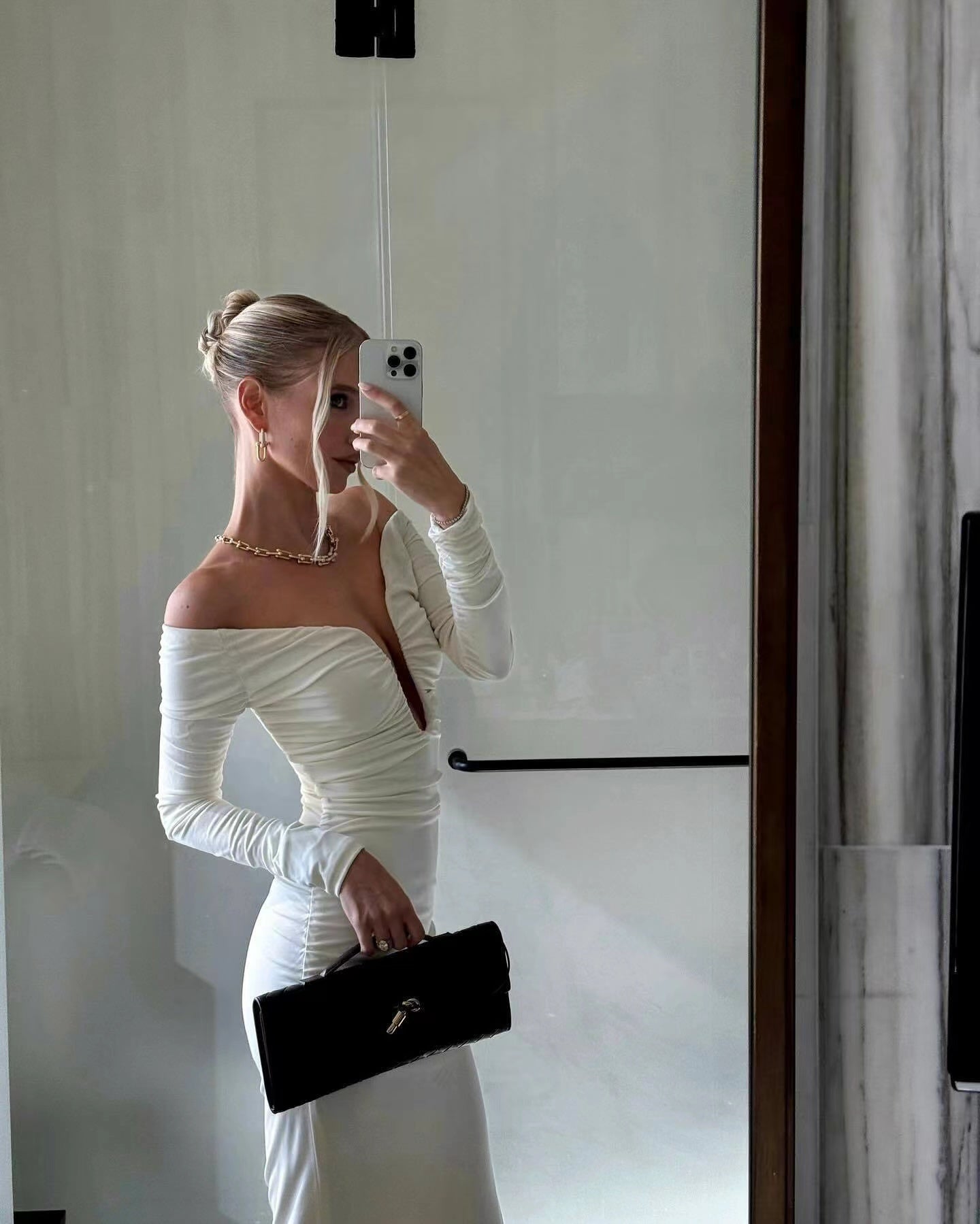 Long Sleeve Ruched Bardot Midi Dress White HV1923