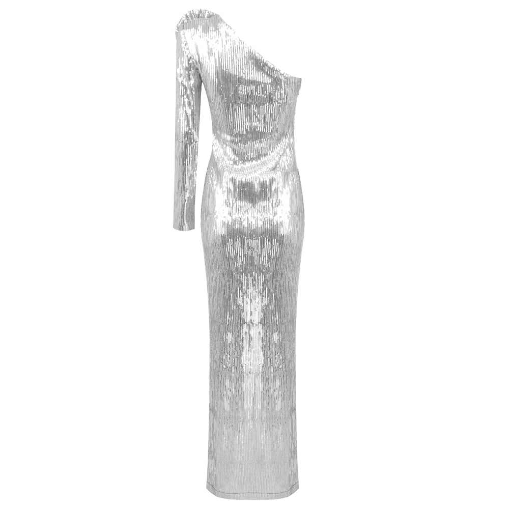Long Sleeve Floral Sequin Maxi Dress Silver HV1084