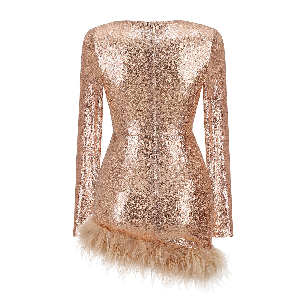Long Sleeve Bustier Feather Sequin Dress HV8913