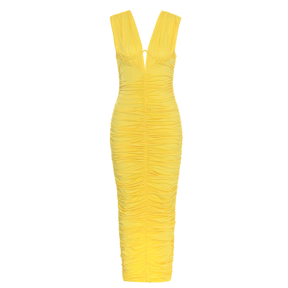Plunge V Neck Ruched Maxi Dress Yellow HV9828