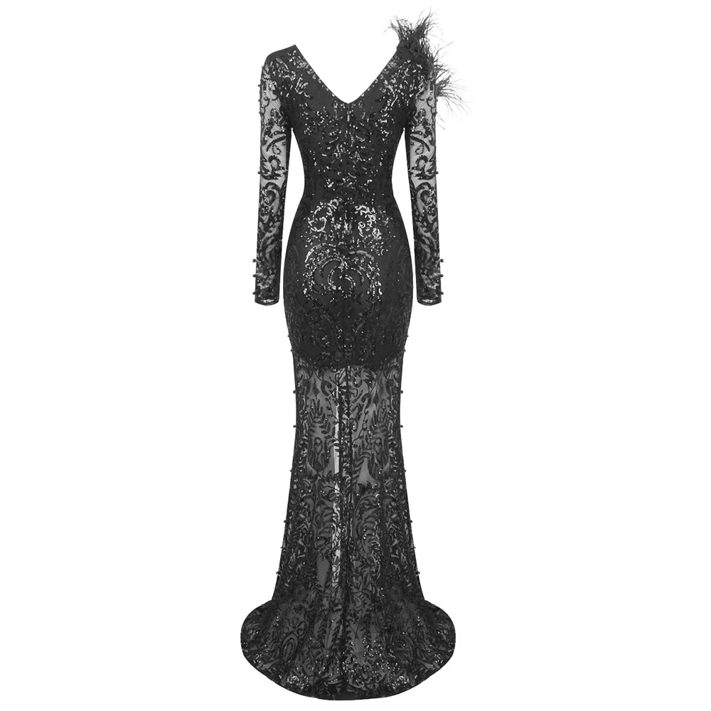 Long Sleeve Feather Detail Sequin Maxi Dress Black HV1799