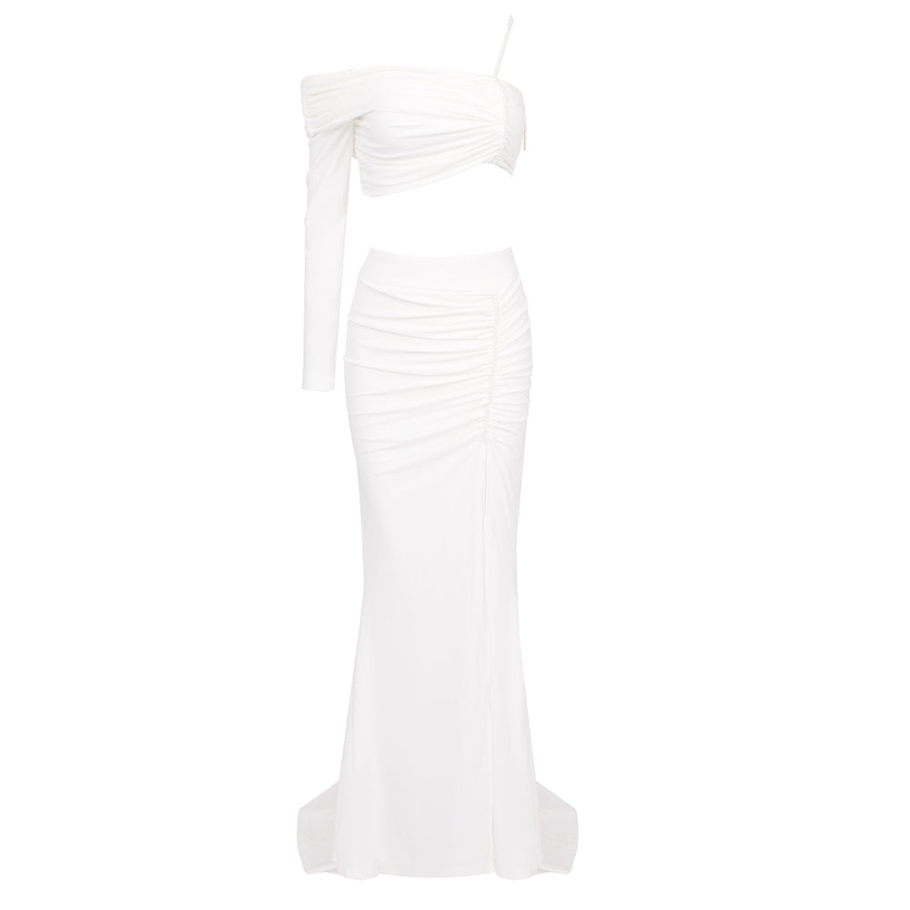 One Sleeve Ruched Two Piece Maxi Dress White HV1078