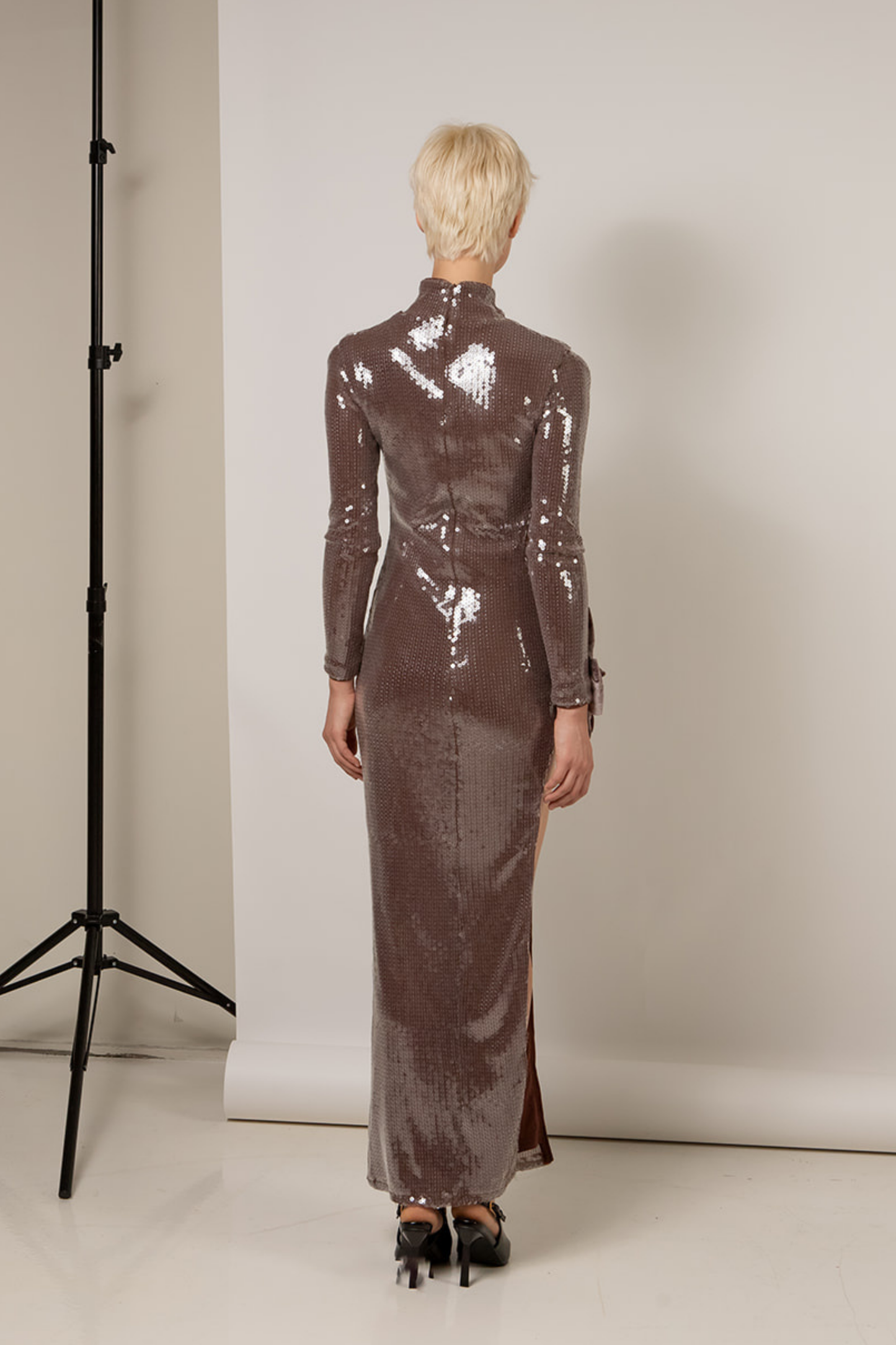 Long Sleeve Bow Detail Sequin Maxi Dress HV1705