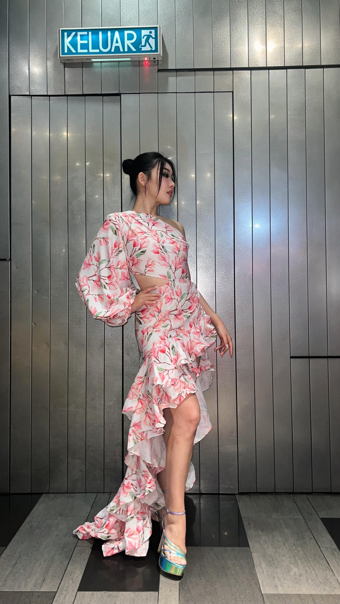 One Sleeve Floral Ruffle Maxi Dress Rose Pink HV1367