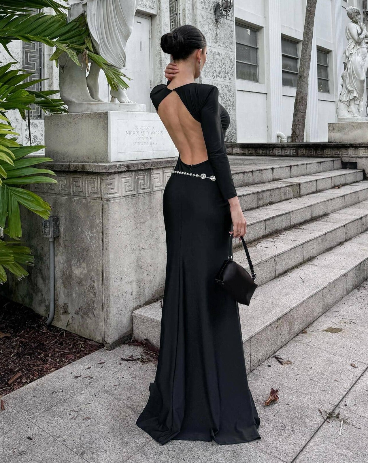 Long Sleeve Crystal Belt Maxi Dress Black HV9973